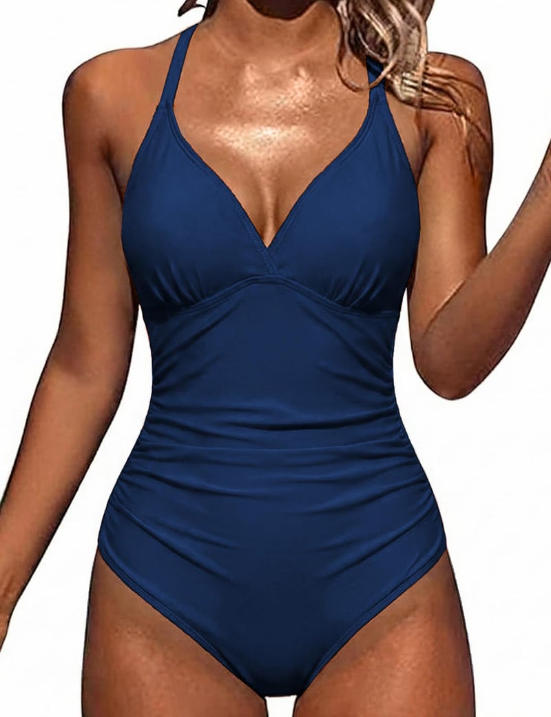 Hilor Women's Shirred Halter One Piece Swimsuits Macrame Back Swimwear Solid Bathing Suit Navy 12 - Image 3